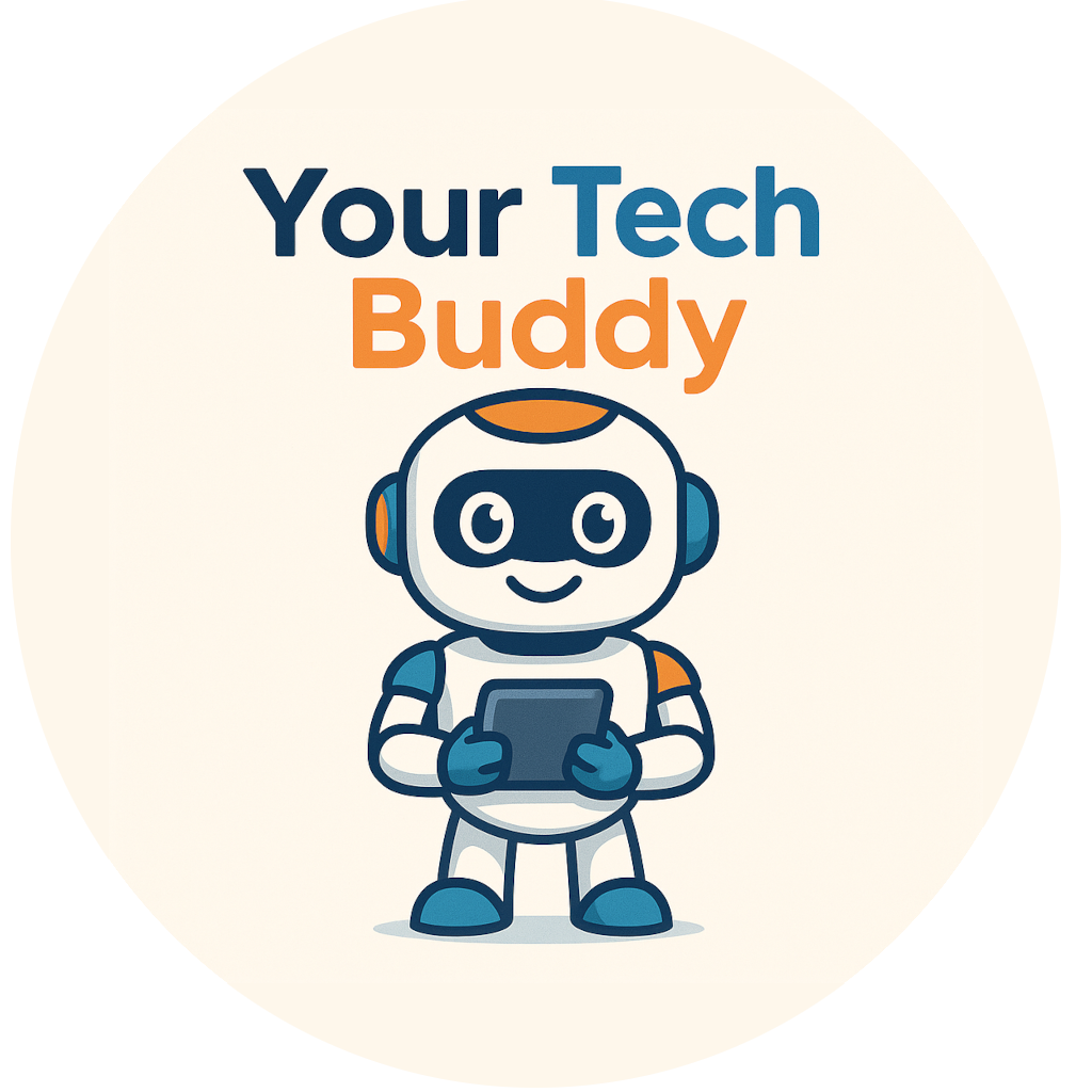 site logo of a friendly robot logo with the words your tech bdudy